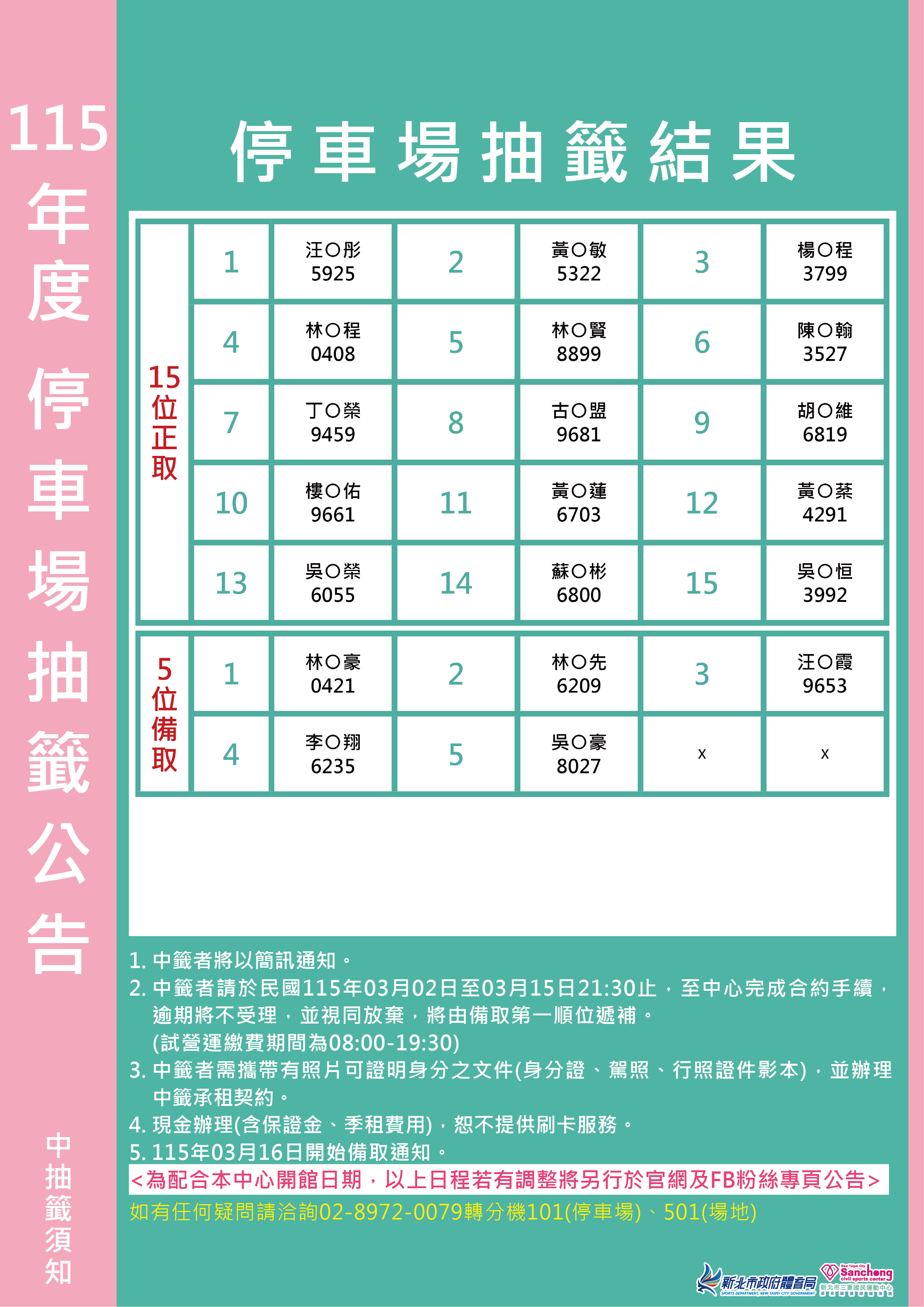 115年停車場抽籤結果